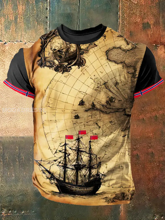 Herrens vikingskrigsskip utskriver Vintage Mote Kort erme T-shirt S