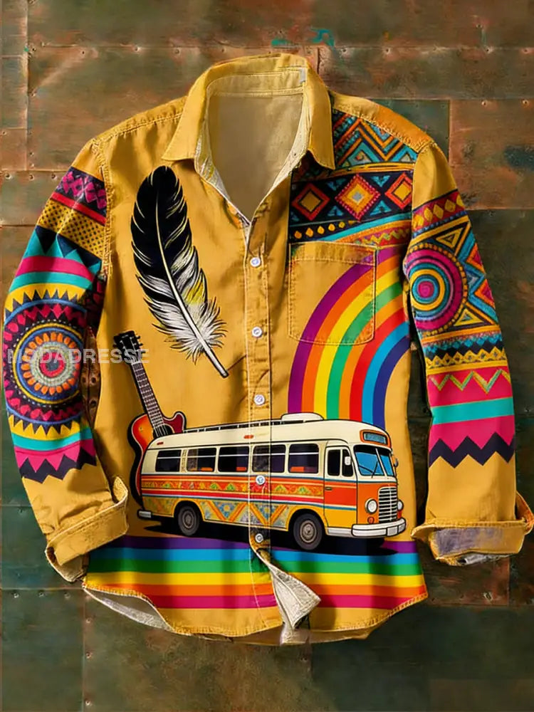 Herrens vintage hippie stil tryckt avslappnad långärmad skjorta A / S
