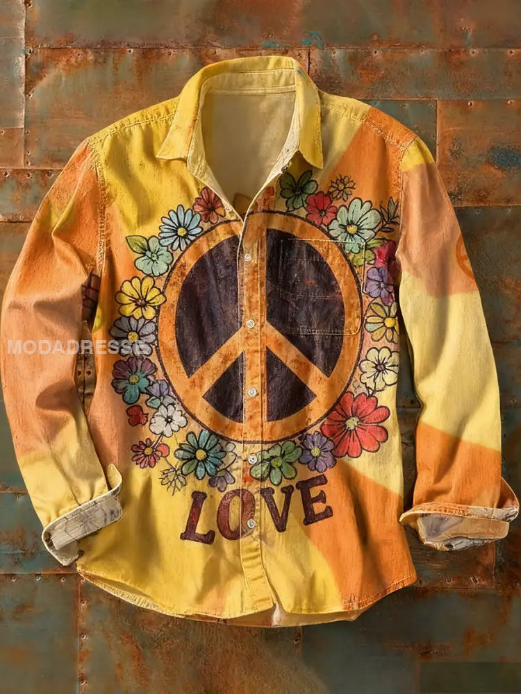 Herrens vintage hippie stil tryckt avslappnad långärmad skjorta A / S
