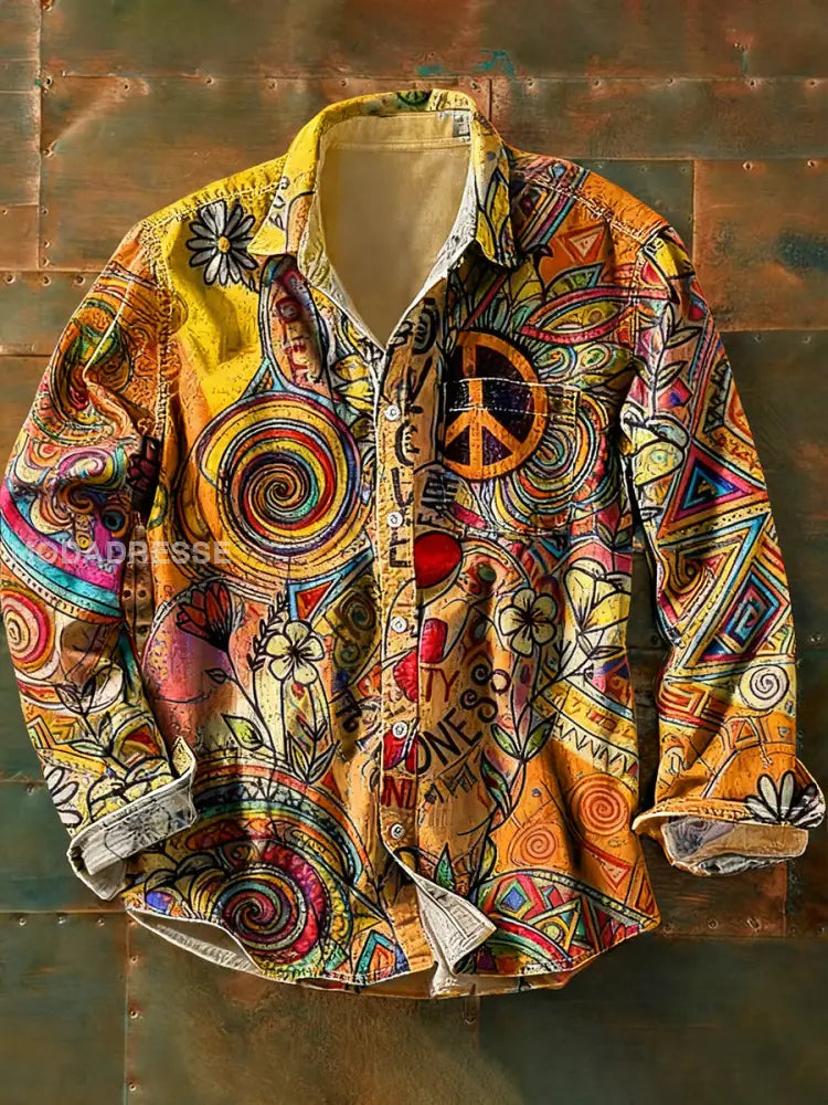 Herrens vintage hippie stil tryckt avslappnad långärmad skjorta A / S