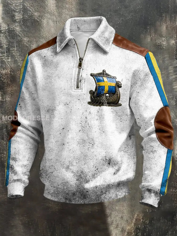 Herrens Vintage Vit Svenska Viking skepp Sweatshirt flerlog / S