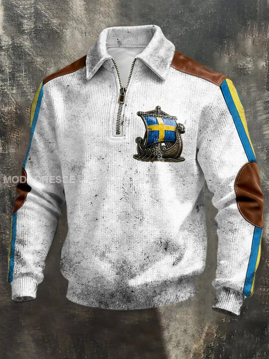 Herrens Vintage Vit Svenska Viking skepp Sweatshirt flerlog / S