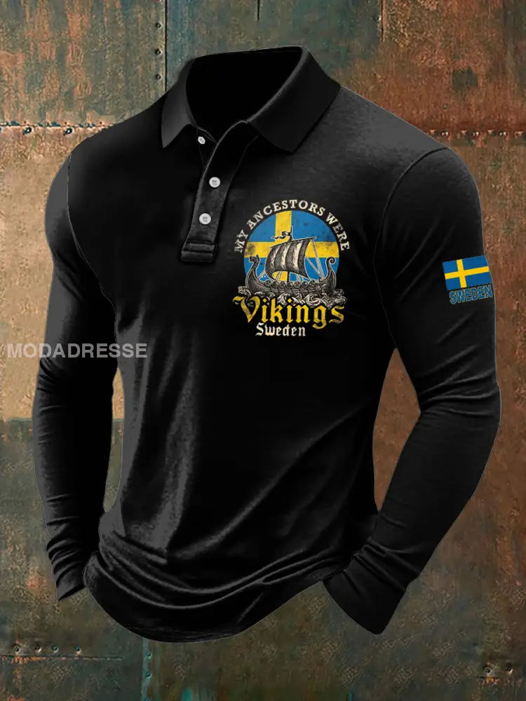 Herrpolo med vikingaskeppstryck och långärmad mönster svart / S
