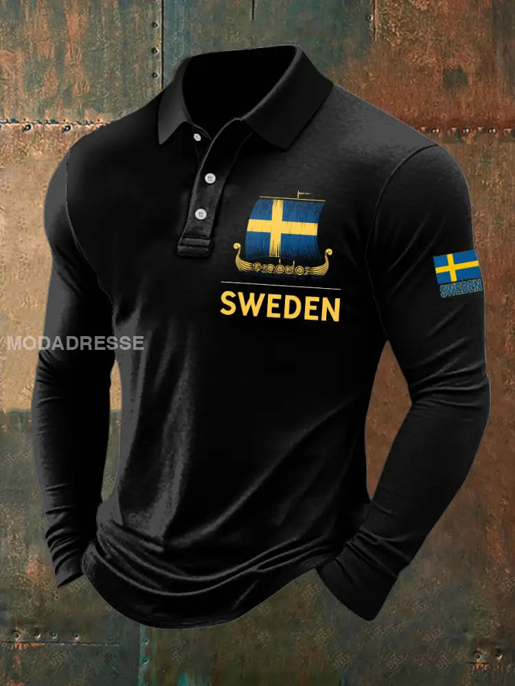Herrpolo med vikingaskeppstryck och långärmad mönster svart / S