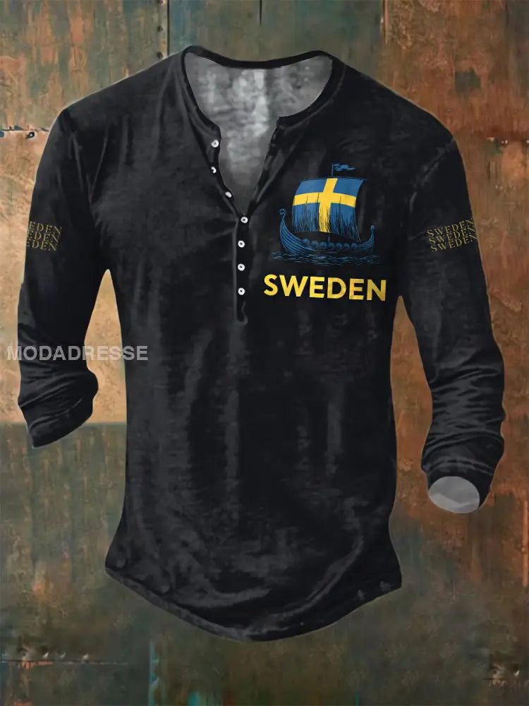 Herrskjorta med långärmad henleytröja och svenskt tryck i vikingaskepp svart / S