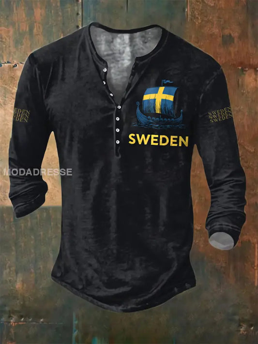 Herrskjorta med långärmad henleytröja och svenskt tryck i vikingaskepp svart / S
