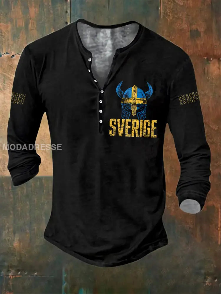 Herrskjorta med långärmad henleytröja och svenskt tryck i vikingaskepp svart / S