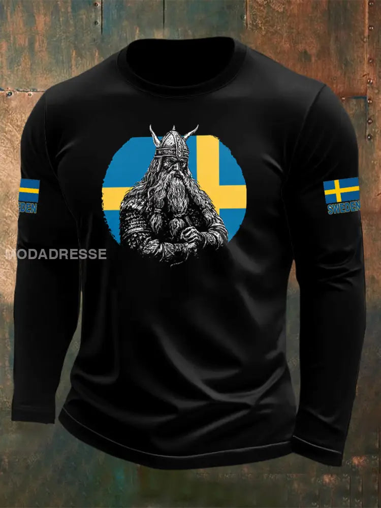 Herrtröja med långärmad vikingatryck och svensk krigare svart / S