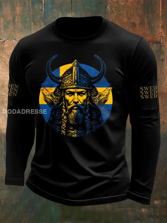 Herrtröja med långärmad vikingatryck och svenskt krigstryk svart / S