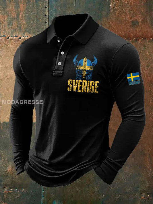 Herrtröja med vikingahjälm och svenskt tryck långärmad. svart / S