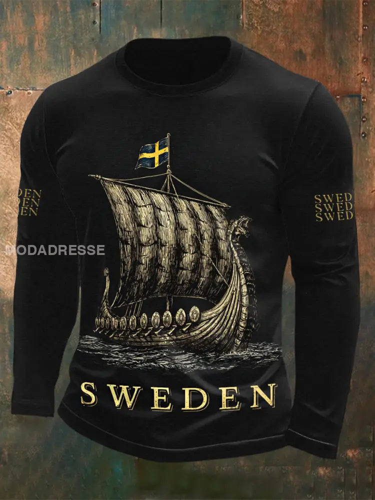 Herrtröja med vikingaskeppstryck och långärmad texter svart / S