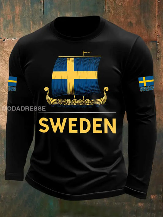 Herrtröja med vikingaskeppstryck och långärmad texter svart / S