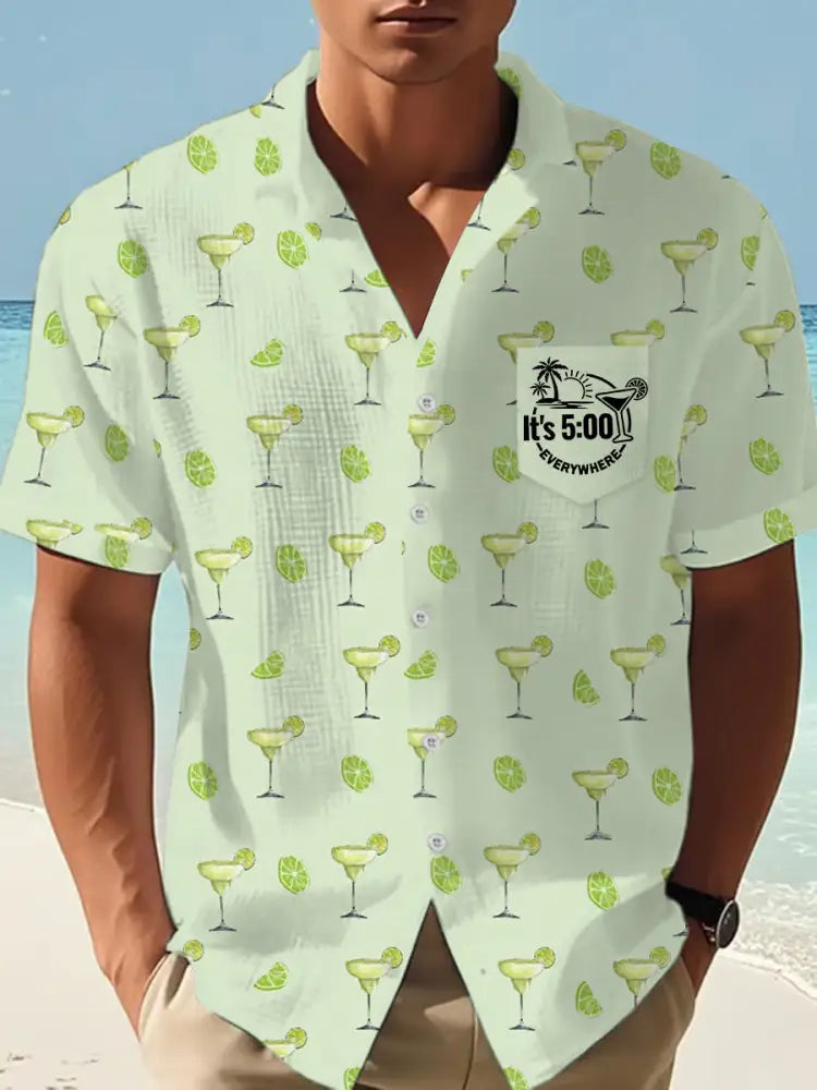 Jag är pensionerad klockan är fem överallt Margarita Skriv ut Casual Waffle Pocket skjorta ljusgrön / S