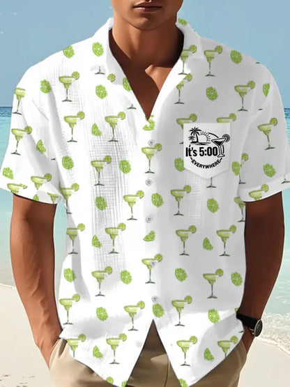 Jag är pensionerad klockan är fem överallt Margarita Skriv ut Casual Waffle Pocket skjorta vit / S