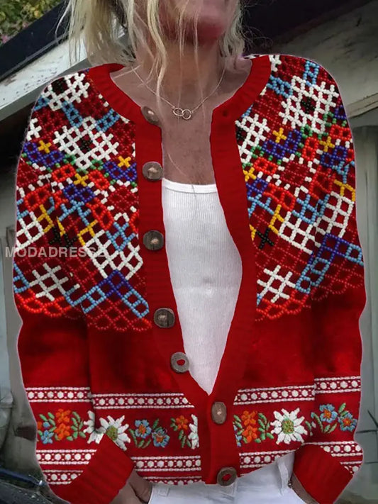 Kvinders Grønland-Inspireret Mønster Casual Cardigan rød / S
