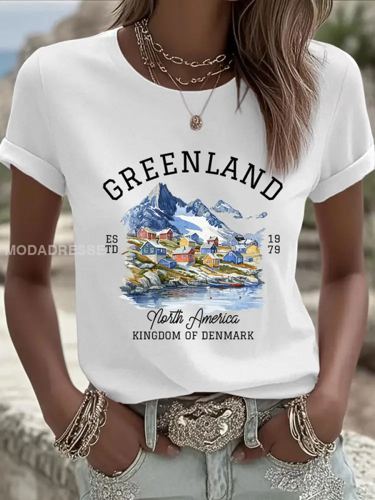 Kvinders Grønland Print Casual T-shirt hvid / S