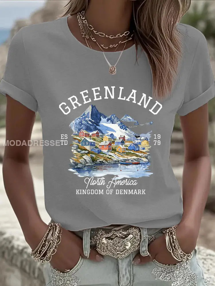 Kvinders Grønland Print Casual T-shirt lys grå / S
