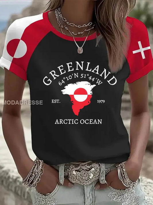 Kvinders Grønland Print Casual T-shirt Sort / S