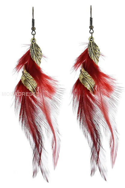 Kvinner fargerike bøhmen Retro blad roterende fjørtassel øreringer raud