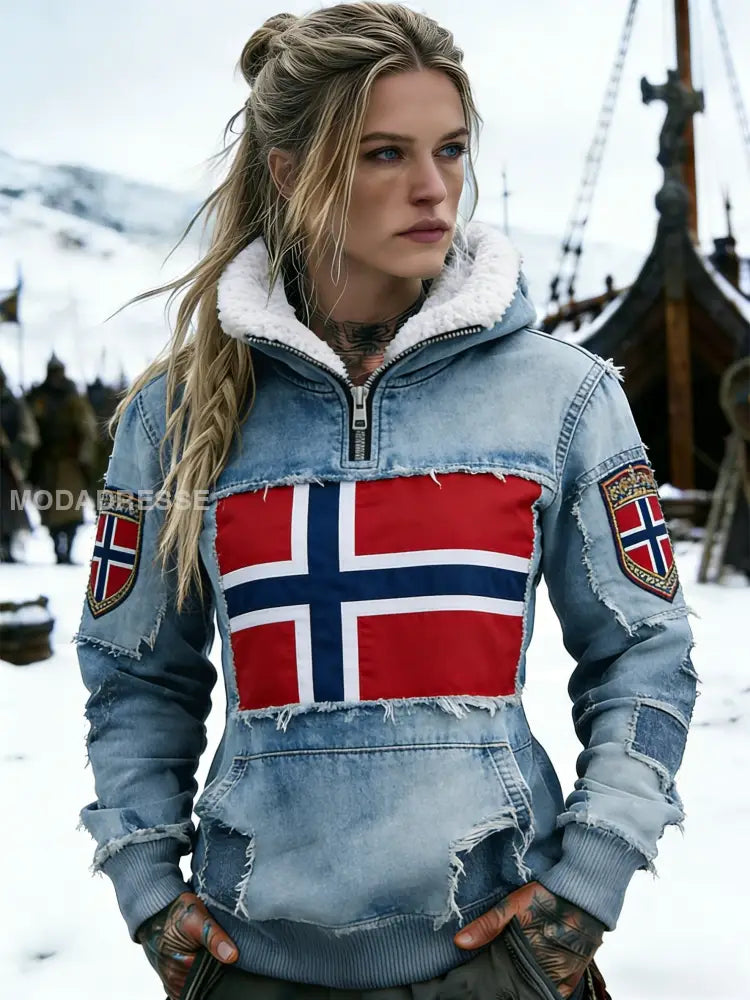Kvinner Retro Viking Norge Casual Fleece-Fored Hooded Sweatshirt blå / S
