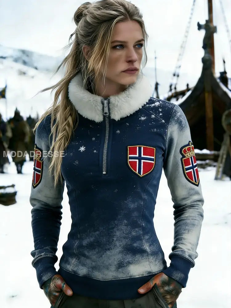 Kvinner Retro Viking Norge flaggskilt Fleece-fored lindlåss sweatshirt blå / S