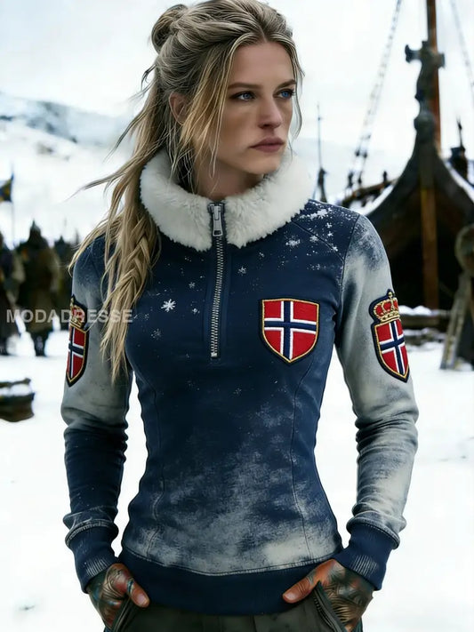 Kvinner Retro Viking Norge flaggskilt Fleece-fored lindlåss sweatshirt blå / S