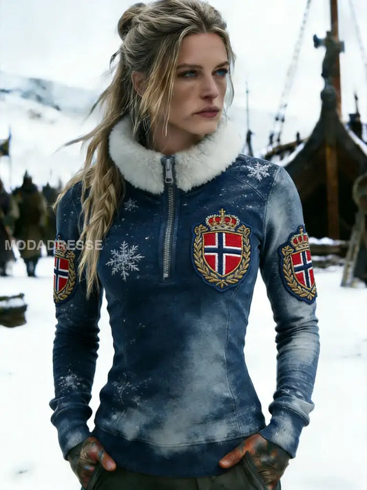 Kvinner Retro Viking Norge flaggskilt Fleece-fored lindlåss sweatshirt blå / S