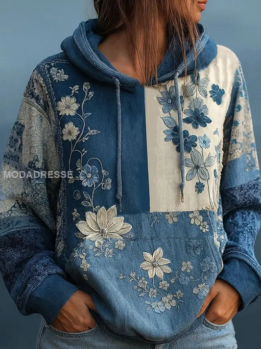 Kvinnor Bohemian blommigt tryck hoodiet som bild / S