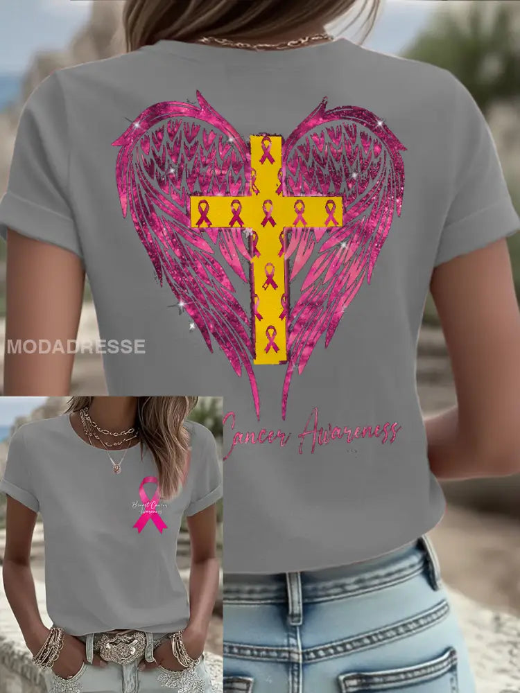 Kvinnor Brest cancer medvetenhet Sverige Flagg Tryckt T shirt ljusgrå / S