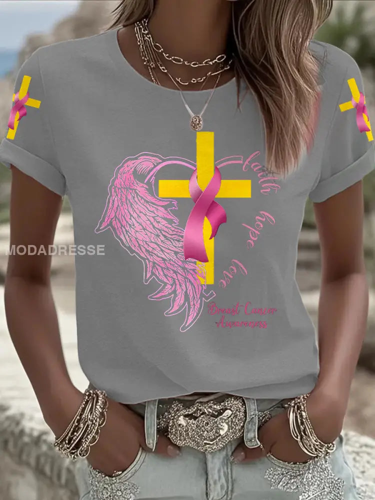 Kvinnor Brest cancer medvetenhet Sverige Flagg Tryckt T shirt ljusgrå / S