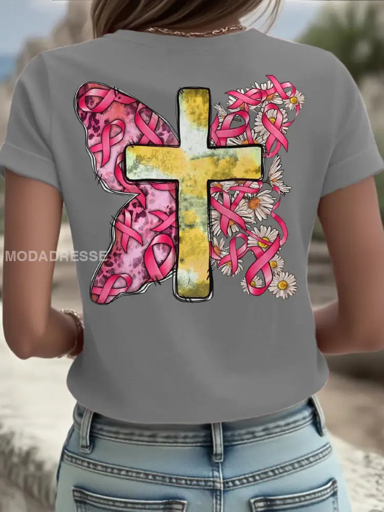 Kvinnor Brest cancer medvetenhet Sverige Flagg Tryckt T shirt ljusgrå / S