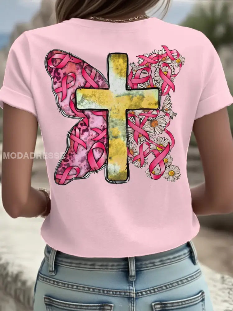 Kvinnor Brest cancer medvetenhet Sverige Flagg Tryckt T shirt ljusrosa / S