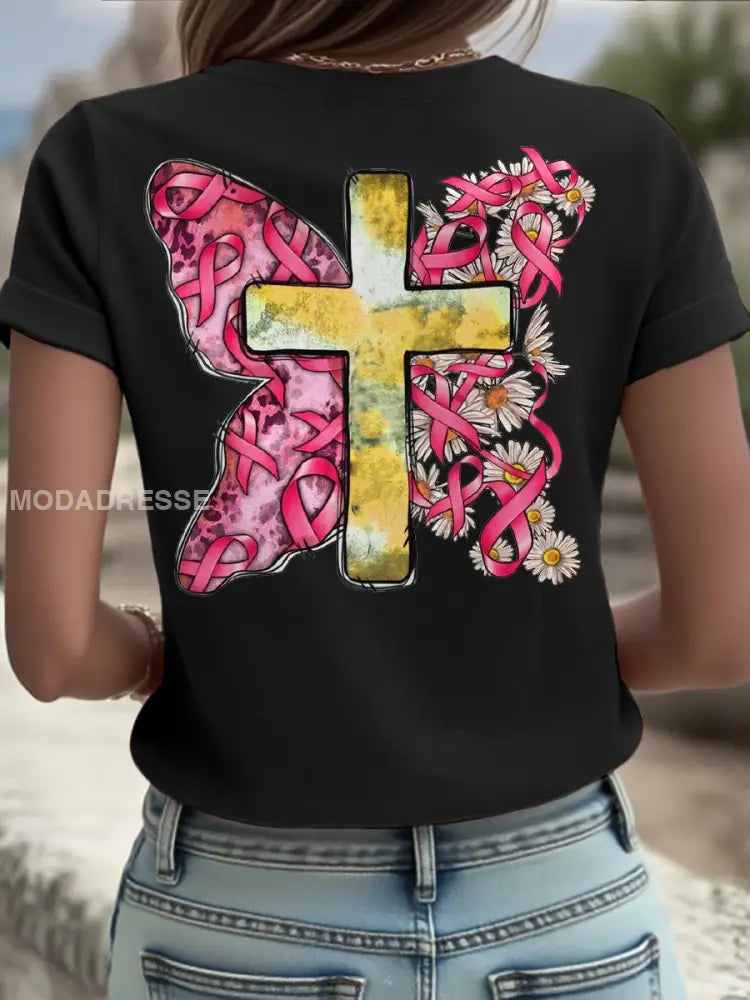 Kvinnor Brest cancer medvetenhet Sverige Flagg Tryckt T shirt svart / S