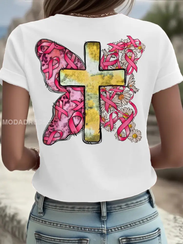 Kvinnor Brest cancer medvetenhet Sverige Flagg Tryckt T shirt vit / S