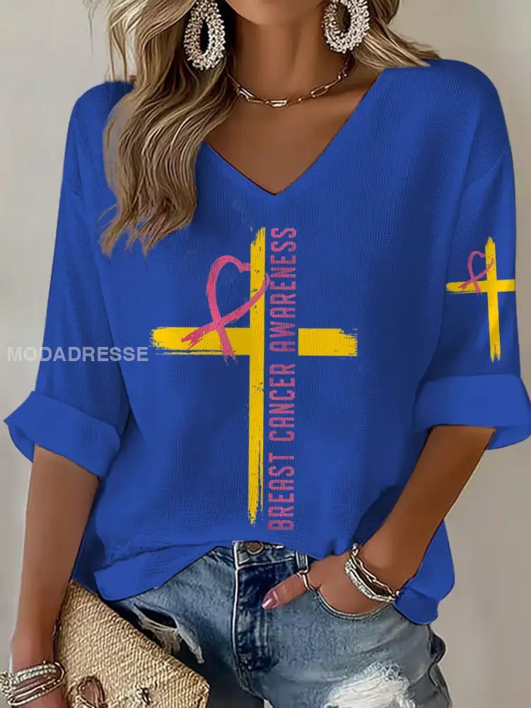 Kvinnor Brest cancer medvetenhet Sverige Flagg Tryckt våffle T shirt blå / S