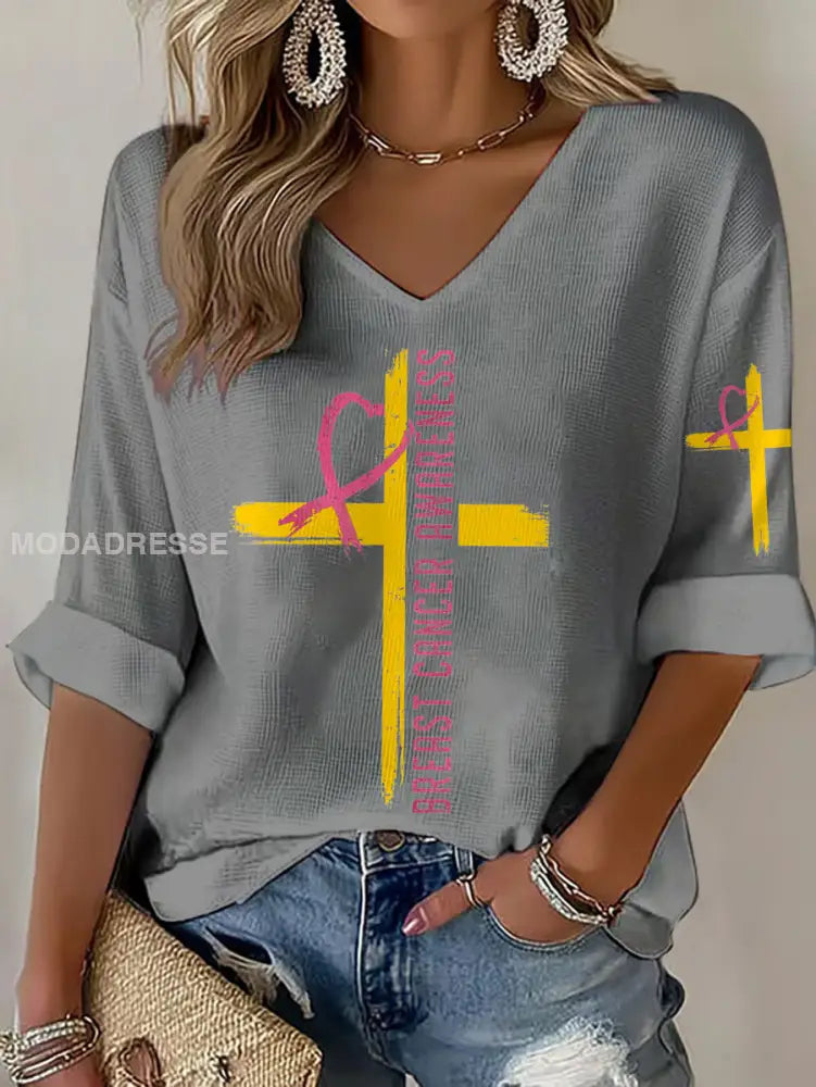 Kvinnor Brest cancer medvetenhet Sverige Flagg Tryckt våffle T shirt ljusgrå / S