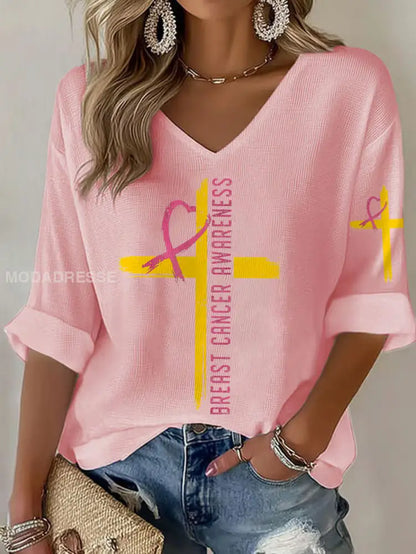 Kvinnor Brest cancer medvetenhet Sverige Flagg Tryckt våffle T shirt ljusrosa / S
