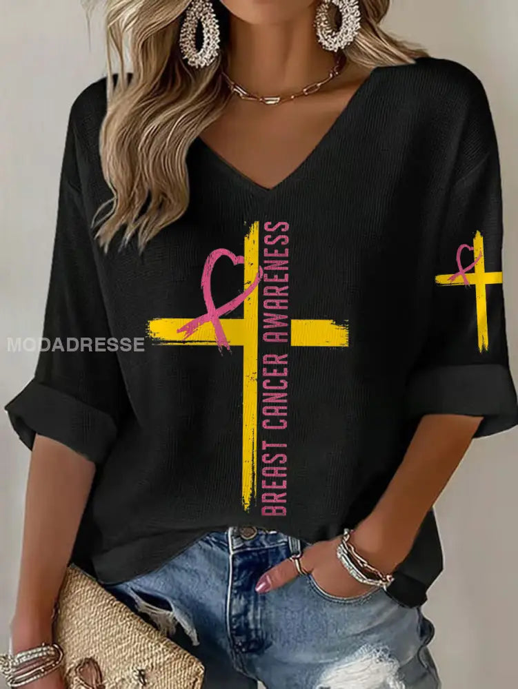 Kvinnor Brest cancer medvetenhet Sverige Flagg Tryckt våffle T shirt svart / S