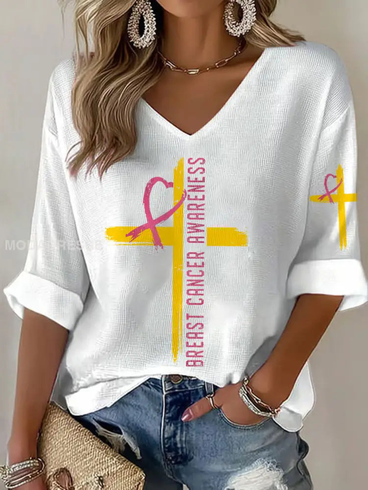 Kvinnor Brest cancer medvetenhet Sverige Flagg Tryckt våffle T shirt vit / S
