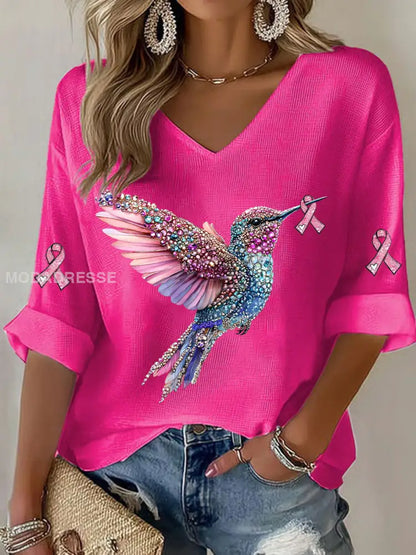 Kvinnor bröstcancer Hummingbird Print Casual T shirt rosröd / S
