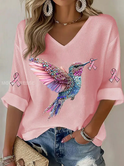Kvinnor bröstcancer Hummingbird Print Casual T shirt rost / S
