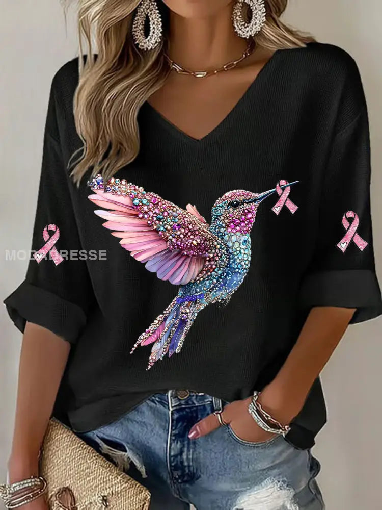 Kvinnor bröstcancer Hummingbird Print Casual T shirt svart / S