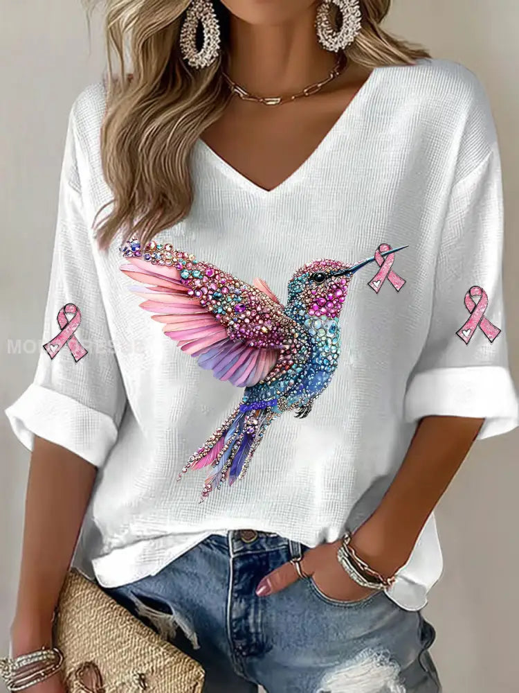 Kvinnor bröstcancer Hummingbird Print Casual T shirt vit / S