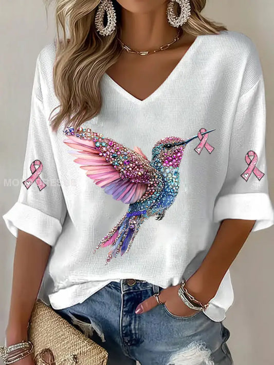 Kvinnor bröstcancer Hummingbird Print Casual T shirt vit / S
