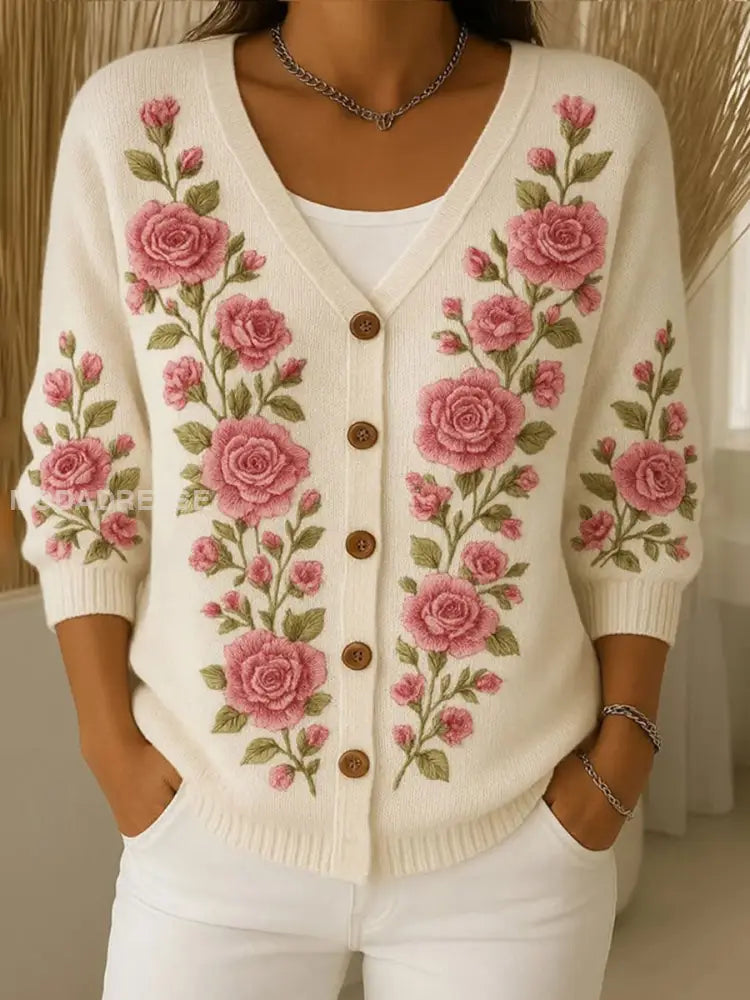 Kvinnor bröstcancer rosa blomster cardigan som bild / S