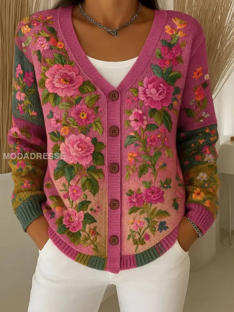 Kvinnor bröstcancer rosa blomster cardigan som bild / S