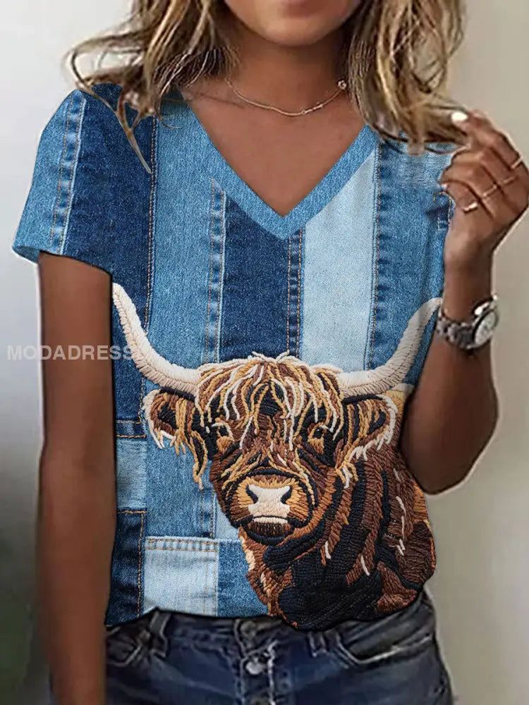 Kvinnor Denim Highland Cow T-shirt blå / S