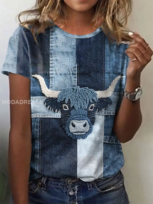 Kvinnor Denim Highland Cow T-shirt blå / S