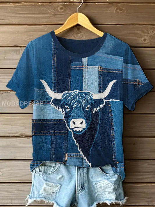 Kvinnor Denim Highland Cow T-shirt blå / S