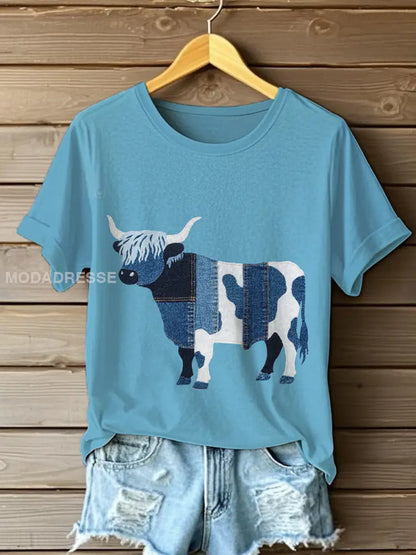 Kvinnor Denim Highland Cow T-shirt ljusblå / S
